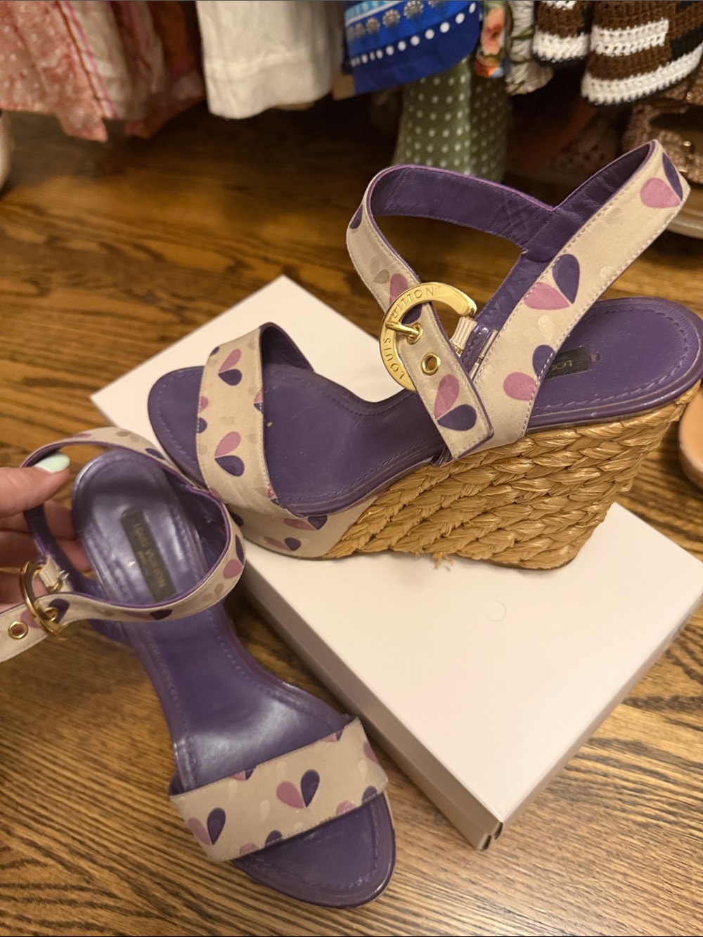 Louis Vuitton Purple and Cream Heart-Print Raffia Wedge Sandals